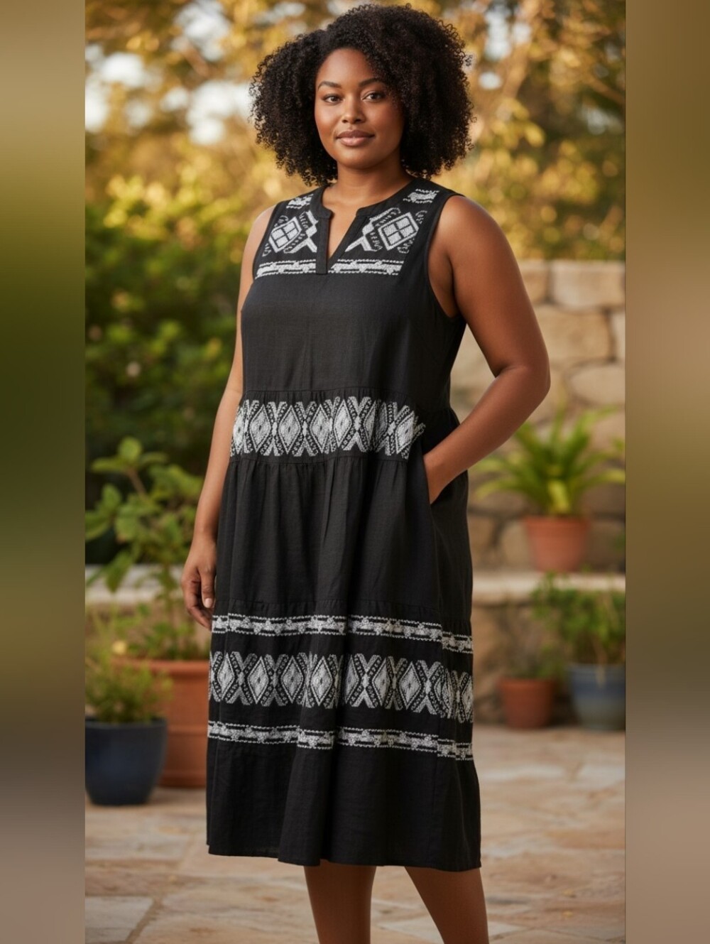 Chico's Black Midi Dress with White Geometric Embroidery